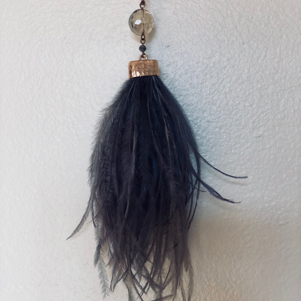 Grey feather fringe necklace with gold chain